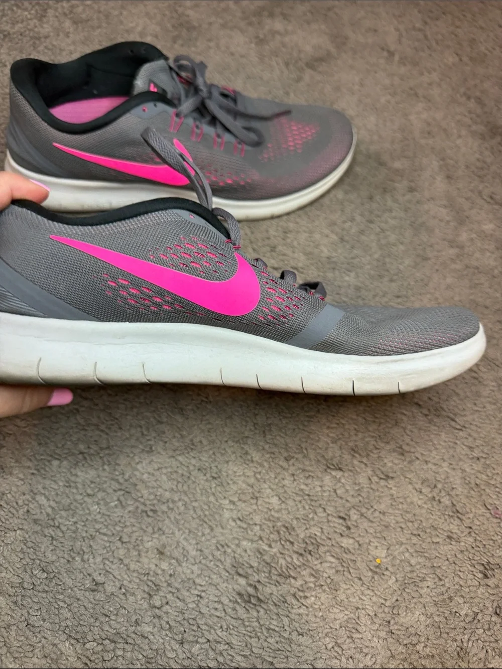 Nike Gray Athletic Sneakers with Pink Swoosh